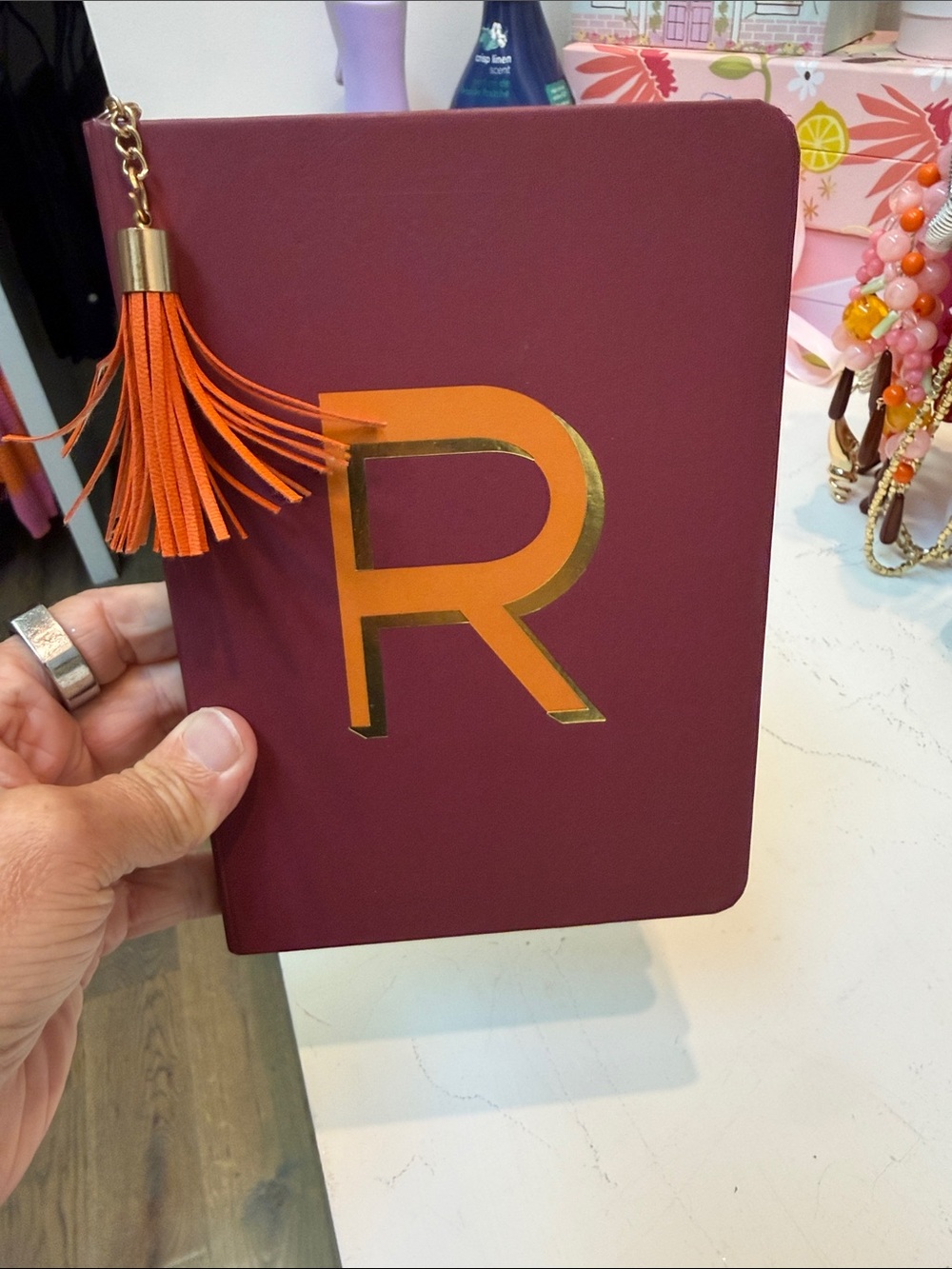 Monogram R Burgundy Notebook with Orange Tassel